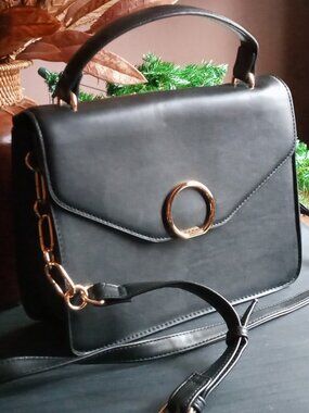 A NEW DAY Gold Details Faux Black Leather Magnetic Top Handle Crossbody Bag